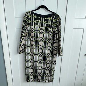 JONES NEW YORK Size 8 Shift Dress Black Green Beige 3/4 Sleeve Knee Length